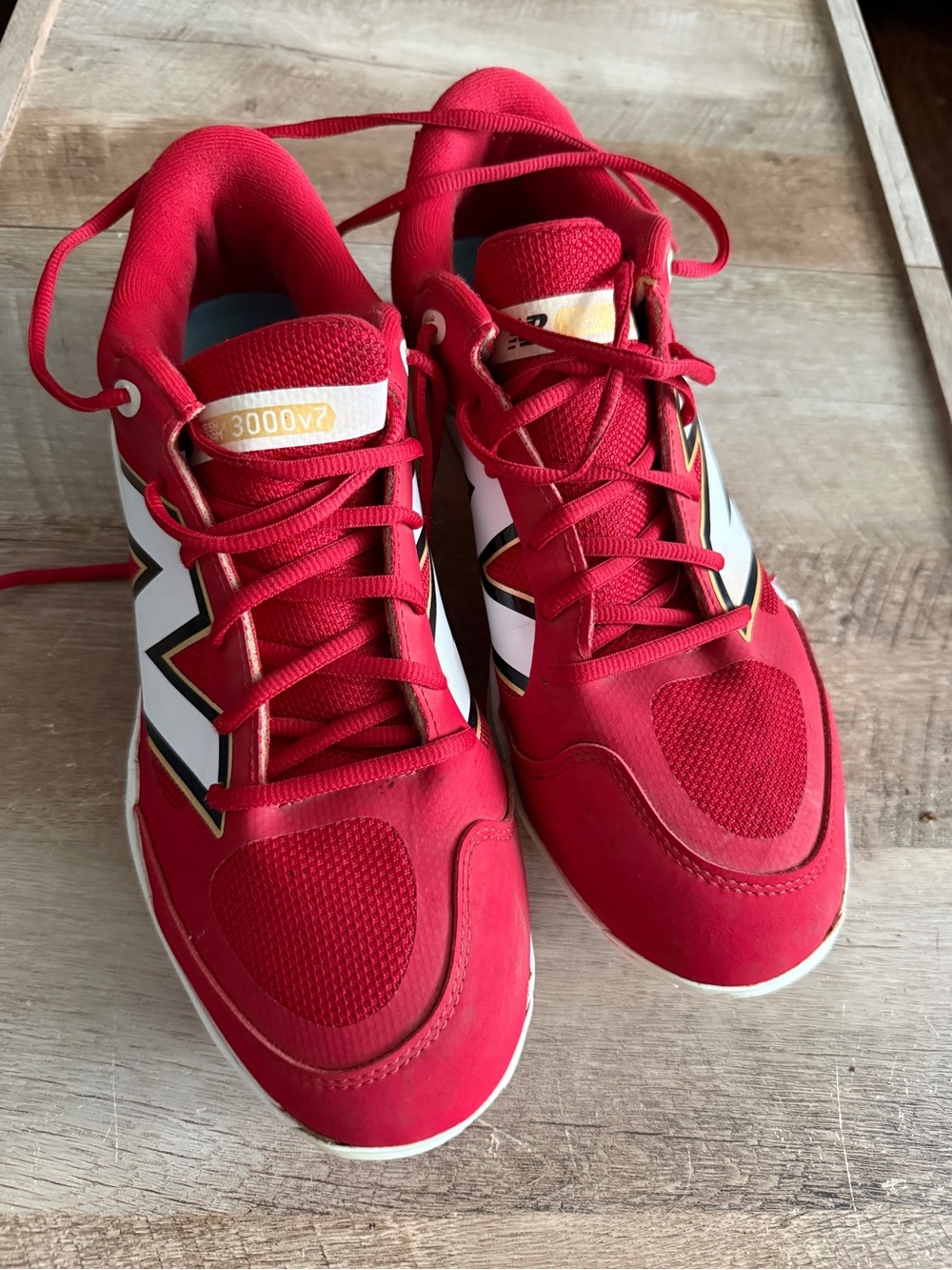 Red & white New Balance Mens Fresh Foam X 3000v7 Metal Baseball Cleats - Picture 4 of 5